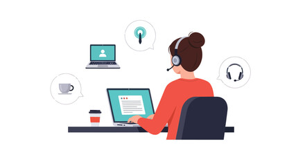 Female remote worker with headset at a desk providing online customer service on a laptop.