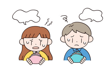財布を不安な顔で見る男女2人のイラスト