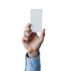 Male hand holding a blank vertical business card or flyer mockup. Isolated on transparent background, png