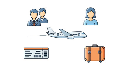 Airplane with Passengers Ticket and Suitcase: Travel and Transportation Icon Set.