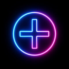 Obraz premium Minimal futuristic glowing neon plus sign on dark background. 