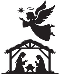 Angel guides star over Nativity scene silhouette