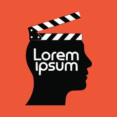 Creative silhouette head with film clapperboard top and lorem ipsum text concept design representing imagination and movie ideas