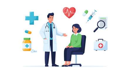 Male doctor consulting with a female patient surrounded by flat design medical and healthcare icons.
