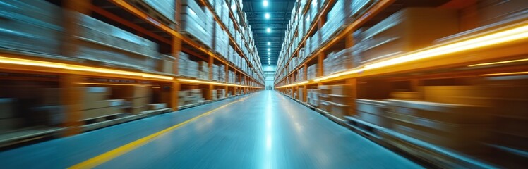 Inside warehouse view shows motion blur. Shelves stocked with boxes. Logistic company stores goods ready for delivery. Products await distribution. Automated system ensures efficient operation in