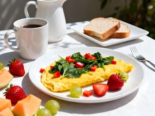 Gourmet Omelette Breakfast on White Table with Coffee, Toast, and Fresh Fruit; Healthy Food, Delicious, Brunch, Outdoor Dining, Fine Dining, Eggs, Breakfast Ideas