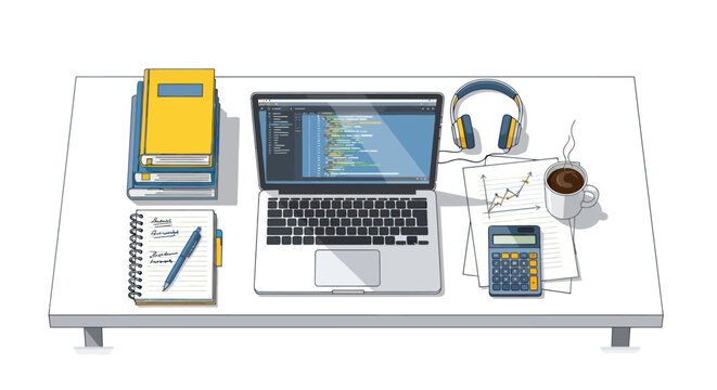 A tidy desk setup with a laptop books headphones and coffee.