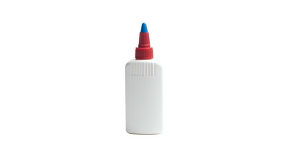 White glue bottle with red and blue nozzle, on black