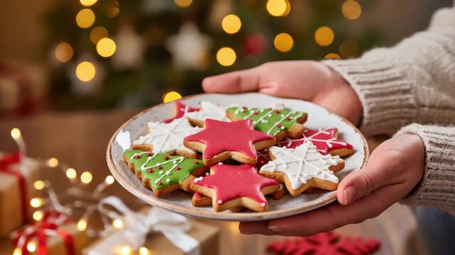 Plate with beautifully decorated Christmas cookies shaped like stars, trees and snowflakes. Red, green and white icing. Warm holiday atmosphere, lights and gifts in background.