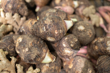 Taro in a wicker basket, close-up photo