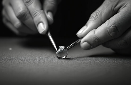 Hands hold engagement ring with tweezers. Jeweler inspects diamond ring. Jewelry maker works in workshop. Craftsperson makes silver ring. Luxury craft process. Work with gemstone in jewellery.