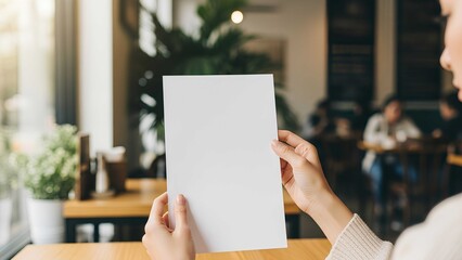 Female hands holding blank white menu in cozy cafe with natural light, ideal mockup for restaurant branding, flyer, or menu design presentation.