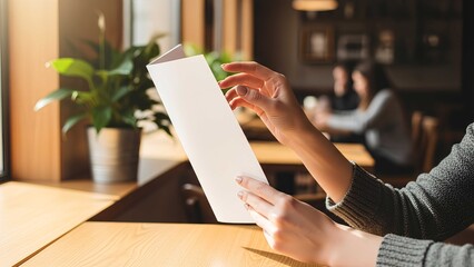 Female hands holding blank white menu in cozy cafe with natural light, ideal mockup for restaurant branding, flyer, or menu design presentation.