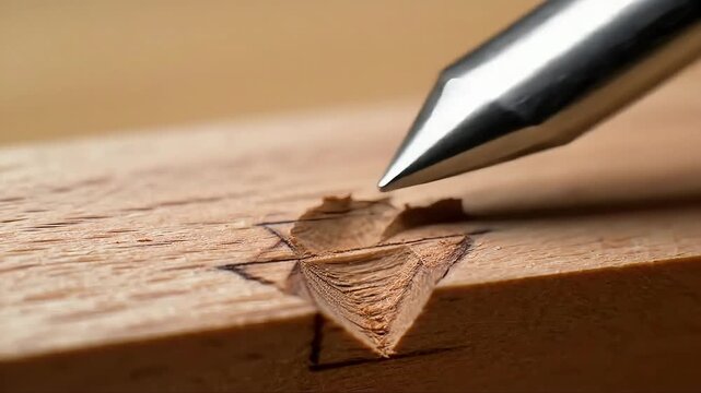 Dynamic woodworking video showing skilled craftsman carving intricate star design into wood with precision tool for DIY project success and artisanal craftsmanship