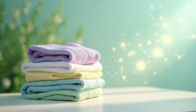 Neatly stacked clean laundry in soft pastel colors. Folded garments rest on a white surface with blurred green foliage and bokeh lights. Peaceful domestic tidiness.