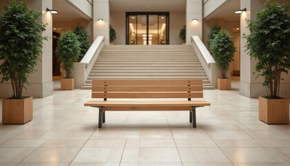Fototapeta premium Wooden bench stands in a modern shopping mall. Empty bench in a bright, clean interior space. The architecture features minimalist design with green plants. The bench symbolizes relaxation and waiting