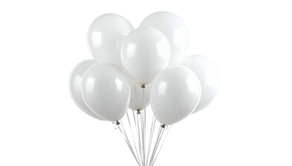 Close-up of a bundle of glossy white balloons, held together, floating on a black background