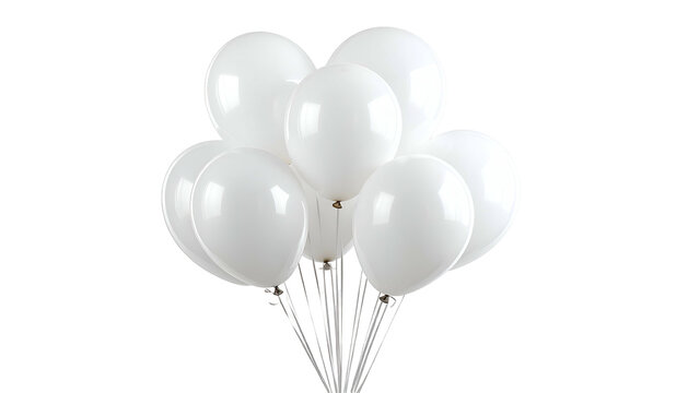 Close-up of a bundle of glossy white balloons, held together, floating on a black background