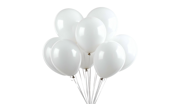 Close-up of a bundle of glossy white balloons, held together, floating on a black background