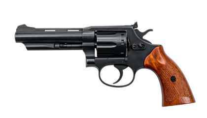 A dark, metallic revolver with a wooden grip, against a black background