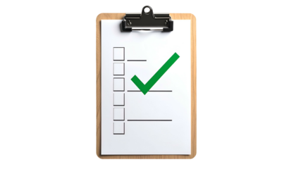 Wooden clipboard with checklist paper featuring a green checkmark in the middle