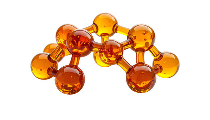 Translucent orange molecular structure, comprised of interconnected spheres, isolated on black