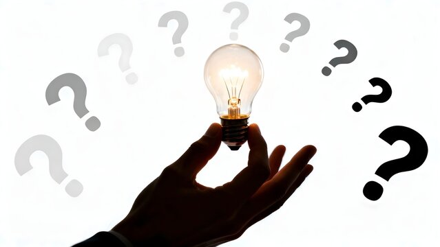 Hand Holding Glowing Lightbulb amidst Question Marks against White Background Concept Illustration for Ideas, Solutions, Answers, Innovation, Inspiration, and Overcoming Challenges Conceptual - Powered by Adobe