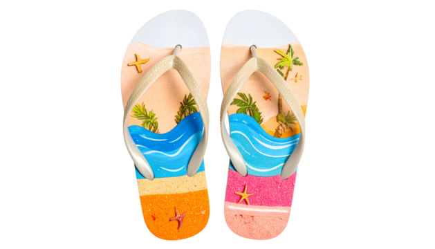 Pair of flip-flops with beach scene print, orange and blue waves, palm trees, and stars