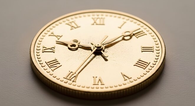 Golden coin with clock face and Roman numerals, a conceptual symbol for the value of time, financial investment, and seizing opportunities for economic prosperity