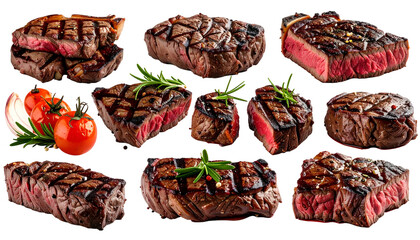 Variety of cooked beef cuts, showing grill marks, with tomatoes, herbs, and onion