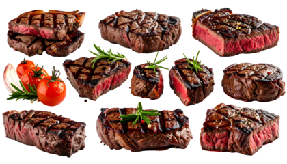 Variety of cooked beef cuts, showing grill marks, with tomatoes, herbs, and onion