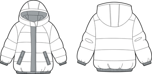 Hooded puffer jacket fashion flat sketch, technical garment illustration with zipper, flap pockets, quilted padded design, front and back view, CAD drawing flat vector illustration