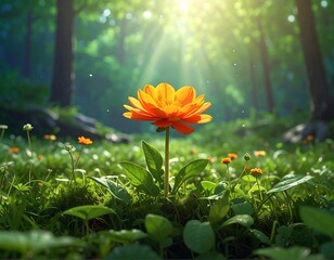 A vibrant orange flower stands in lush green grass, sunlight streaming through a forest canopy