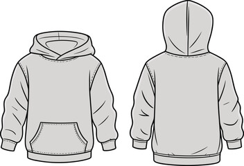 Men’s hoodie sweatshirt technical flat sketch, front and back view, kangaroo pocket design, fashion CAD drawing, vector apparel template illustration