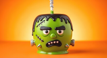 Frankenstein candy apple on orange background, a festive halloween treat, delicious dessert for kids, holiday concept, close up shot