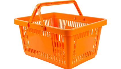 Vivid orange rectangular shopping basket with handle, empty, isolated on black background