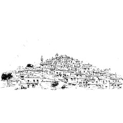 Fototapeta premium Illustration of a densely packed hillside village with a mosque and trees in black and white sketch style