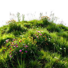 A vibrant grassy hill dotted with colorful wildflowers basks in sunlight against a black backdrop