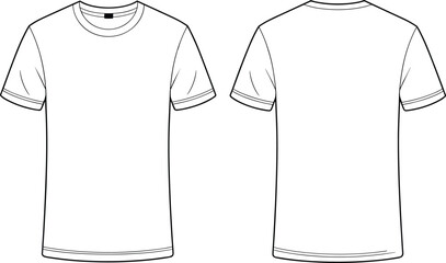 Plain white short sleeve t-shirt front and back view, fashion flat sketch, clothing template, apparel mockup, cad drawing flat vector illustration