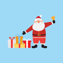 Vector cartoon illustration of friendly smiling Santa Claus ringing a bell and gifts lying on the ground. Christmas design element.