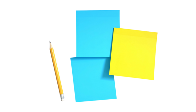 Three sticky notes overlapping, two blue and one yellow, next to a pencil on black