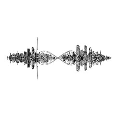 Cityscape reflected in infinity loop with detailed skyline and monochrome artistic representation of urban scene