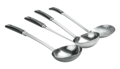 Four steel ladles with black handles, one perforated