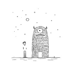 A small person stands next to a tall furry one eyed monster under a starry sky with a visible moon