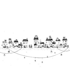 A whimsical sketch of a town with houses topped with gifts and presents hanging on a string below them