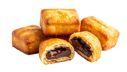 Golden, flaky pastries, one cut to reveal rich, melted chocolate filling