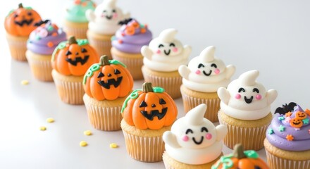 Halloween cupcakes with pumpkin and ghost decorations isolated on white background, perfect for a festive and spooky treat