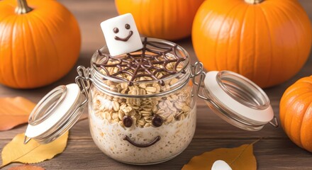 Halloween themed breakfast parfait with oats, granola, chocolate syrup, and marshmallow ghost in a glass jar surrounded by pumpkins