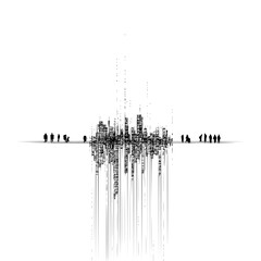 Silhouette of people standing near abstract city buildings with vertical lines on white background art style image