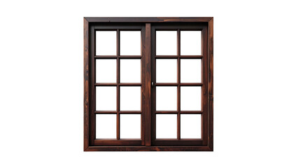 Fototapeta premium A weathered, wooden double-hung window, with sixteen panes, set against a stark black background